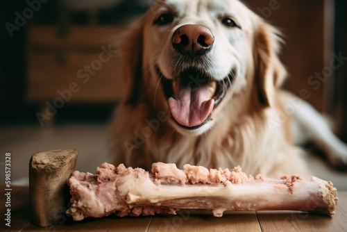 portrait of a dog eating raw food bone Fototapet