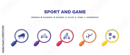 set of sport and game filled icons. sport and game filled icons with infographic template. flat icons such as roller skate, race bike, motorbike riding, capoeira, balls vector.