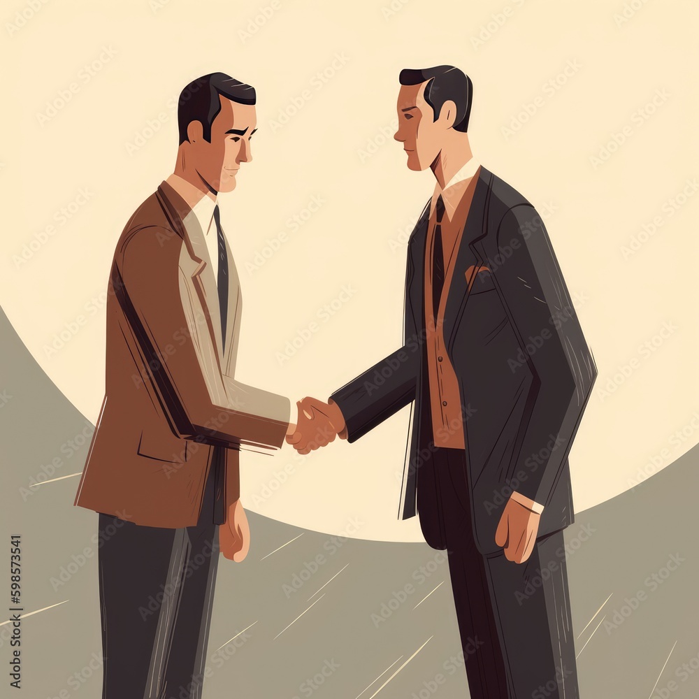 Fototapeta premium Two businessmen firmly shake hands with one another, 1960s, Generative AI