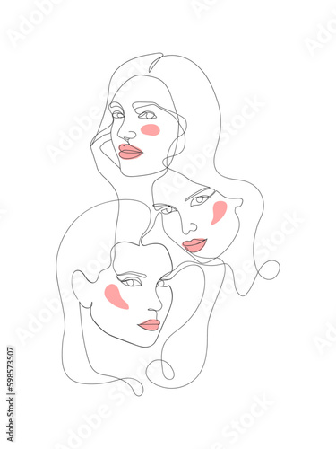 One line woman portrait, creative freehand composition in contemporary abstract style. Beauty fashion female young silhouette. Art design for print, cover, wallpaper, minimal wall art.