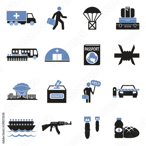 War Refugee Icons. Two Tone Flat Design. Vector Illustration.