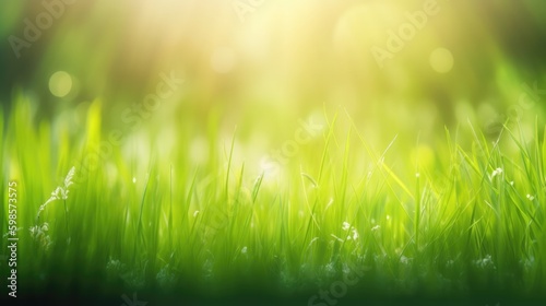 Sun rays beaming on fresh green grass. Generative ai composite.