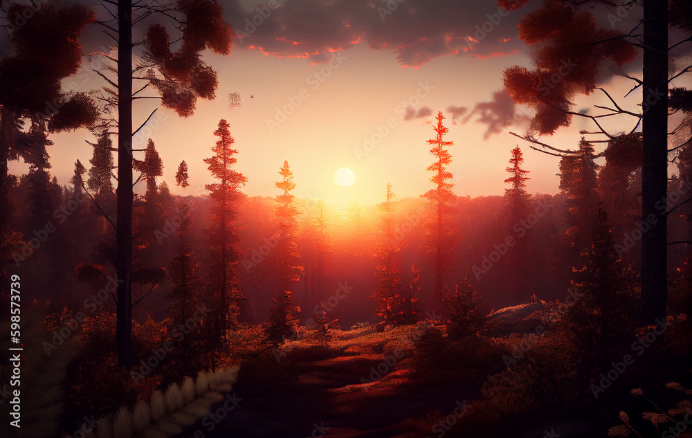 Embers of Twilight: A Beautiful Sunset on the Forest Landscape, as the Sun Sets and Casts a Warm  Embrace OF Red and Orange, Illuminating the Trees in a Passionate Display of Nature Colors