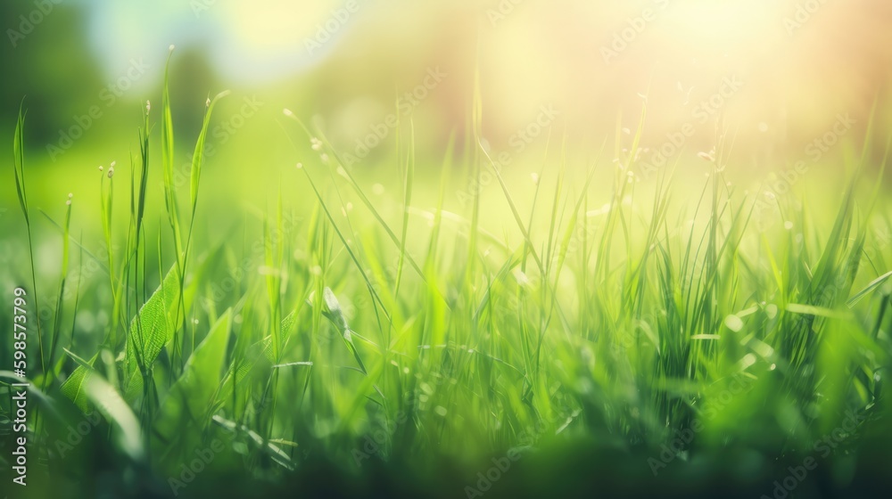 Obraz premium Bright, fresh green grass under the sunshine. Generative ai composite.