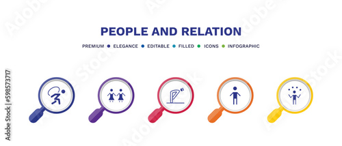 set of people and relation filled icons. people and relation filled icons with infographic template. flat icons such as burden, no racism, ruku, small boy, juggling ball vector.
