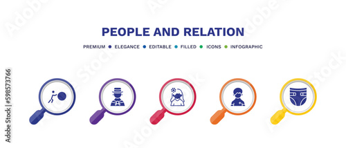 set of people and relation filled icons. people and relation filled icons with infographic template. flat icons such as effort, colombian, woman with flower, pacient, baby diaper vector.