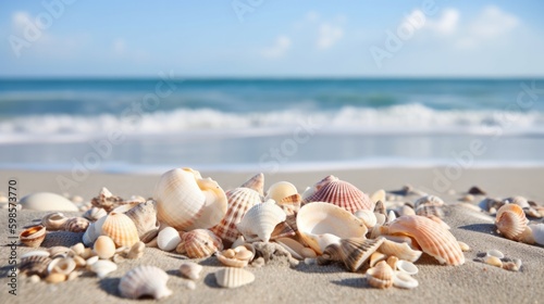 Shells on the sand with a blurry ocean background. Generative ai composite.