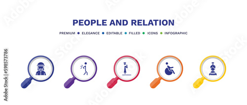 set of people and relation filled icons. people and relation filled icons with infographic template. flat icons such as bedouin, spindle, takbir, handicapped, spanish woman vector.