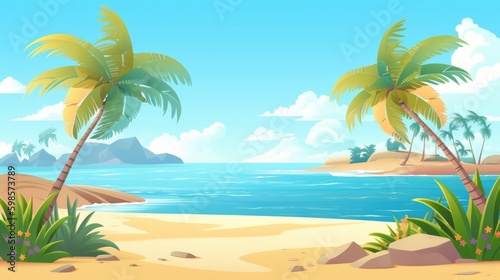 Cartoon beach with palm trees. Generative ai composite.