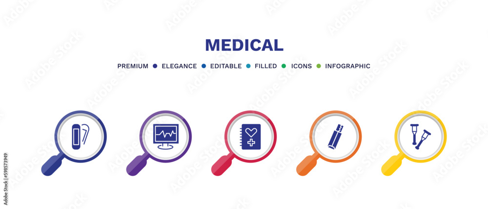 set of medical filled icons. medical filled icons with infographic template. flat icons such as plaster, ecg, medical history, gum, crutch vector.