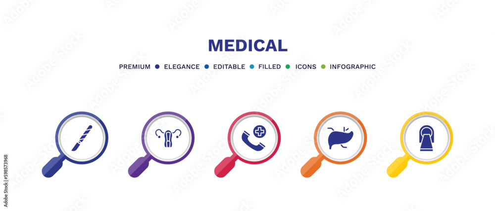 set of medical filled icons. medical filled icons with infographic template. flat icons such as scalpel, uterus, emergency call, liver, scan vector.