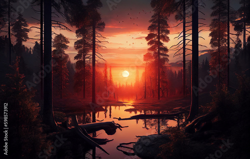 Embers of Twilight: A Beautiful Sunset on the Forest Landscape, as the Sun Sets and Casts a Warm Embrace OF Red and Orange, Illuminating the Trees in a Passionate Display of Nature Colors