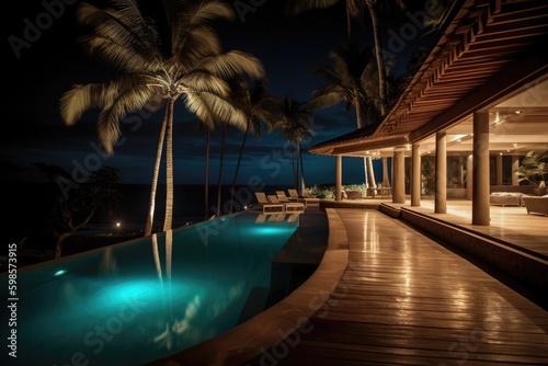 Outdoor resort with a private illuminated infinity pool overlooking the ocean at night. Generative ai composite.