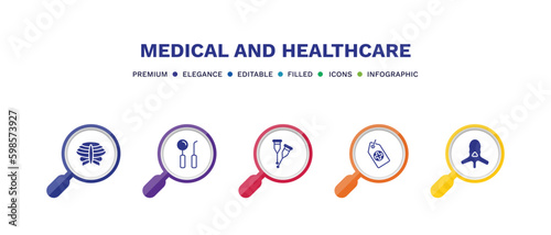 set of medical and healthcare filled icons. medical and healthcare filled icons with infographic template. flat icons such as sternum, dentist tool, crutches couple, tag with a cross, vertebra