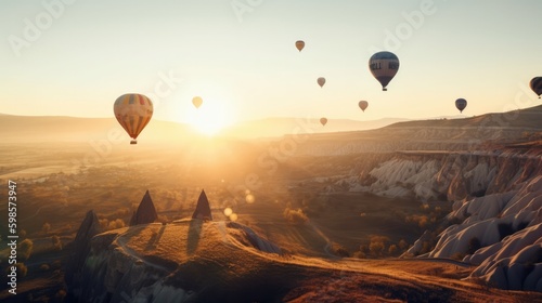 Hot air balloons at golden hour over canyons. Generative ai composite.