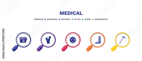 set of medical filled icons. medical filled icons with infographic template. flat icons such as medical records, femur, microbe, plastered foot, walking stick vector.