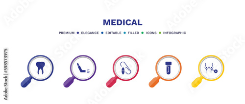 set of medical filled icons. medical filled icons with infographic template. flat icons such as teeth, inhalator, drugs, blood sample, breast implant vector.