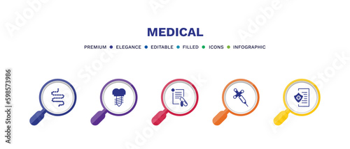 set of medical filled icons. medical filled icons with infographic template. flat icons such as intestines, implants, prescription, anesthesia, medical insurance vector.