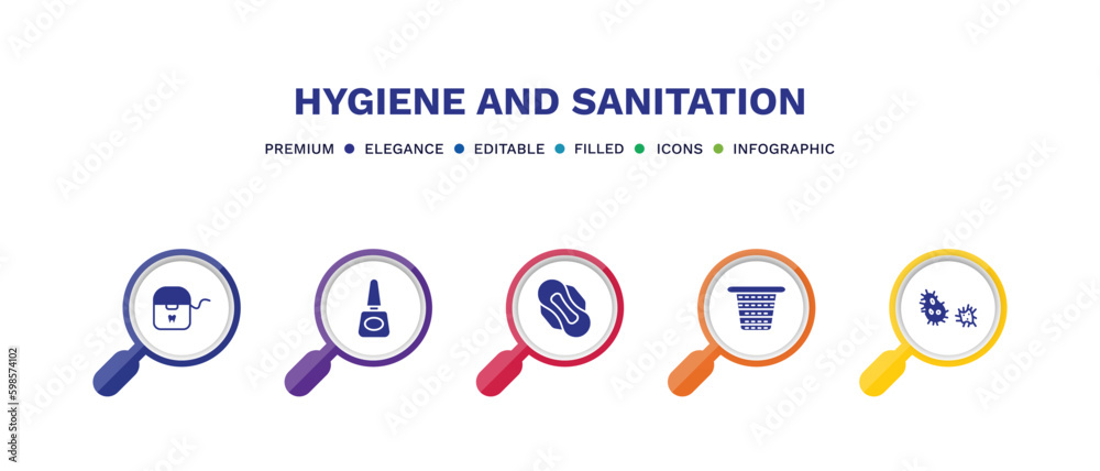 set of hygiene and sanitation filled icons. hygiene and sanitation filled icons with infographic template. flat icons such as flossing, varnish, sanitary napkin, laundry basket, parasite vector. set of hygiene and sanitation filled icons. hygiene and sanitation filled icons with infographic template. flat icons such as flossing, varnish, sanitary napkin, laundry basket, parasite vector.