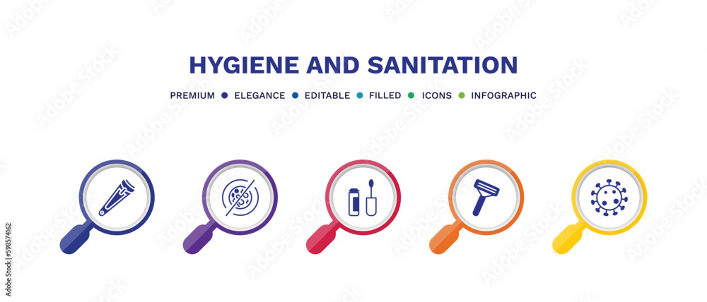 set of hygiene and sanitation filled icons. hygiene and sanitation filled icons with infographic template. flat icons such as nail clippers, antibacterial, dolled up, shaving razor, pathogen vector. set of hygiene and sanitation filled icons. hygiene and sanitation filled icons with infographic template. flat icons such as nail clippers, antibacterial, dolled up, shaving razor, pathogen vector.