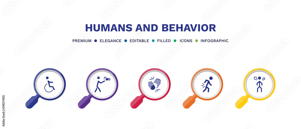 set of humans and behavior filled icons. humans and behavior filled icons with infographic template. flat icons such as wheel chair, nature photographer, high five, pain, angry man vector. set of humans and behavior filled icons. humans and behavior filled icons with infographic template. flat icons such as wheel chair, nature photographer, high five, pain, angry man vector.