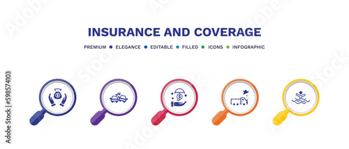 set of insurance and coverage filled icons. insurance and coverage filled icons with infographic template. flat icons such as savings, crash, investment insurance, total loss, drown vector.