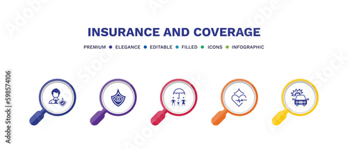 set of insurance and coverage filled icons. insurance and coverage filled icons with infographic template. flat icons such as insurance agent, vision life heart burning car vector.