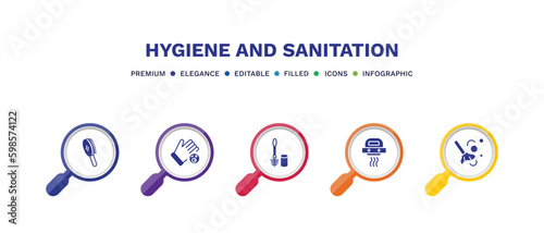 set of hygiene and sanitation filled icons. hygiene and sanitation filled icons with infographic template. flat icons such as primp, drying hands, toilet brush, hand dryer, dust cleaning vector.