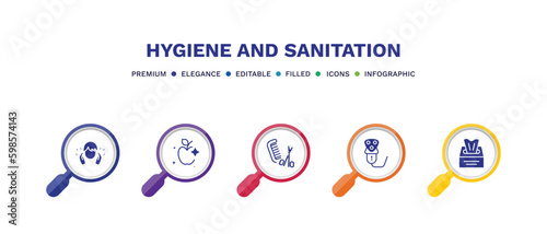 set of hygiene and sanitation filled icons. hygiene and sanitation filled icons with infographic template. flat icons such as face washer, food hygiene, grooming, electric razor, tissues vector.