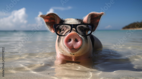 A pig on the beach wearing glasses, enjoying in the sun, nerd pig, cute, sunny day, generative ai © Max