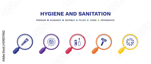 set of hygiene and sanitation filled icons. hygiene and sanitation filled icons with infographic template. flat icons such as nail clippers, antibacterial, dolled up, shaving razor, pathogen vector.