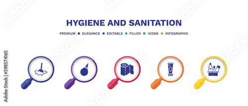 set of hygiene and sanitation filled icons. hygiene and sanitation filled icons with infographic template. flat icons such as wet cleaning, l aspirator, paper towel, body cream, hygiene kit vector.