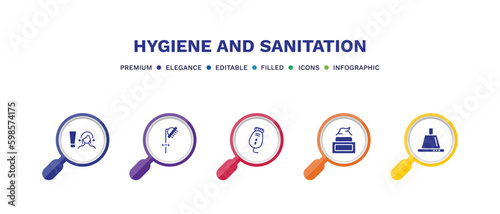 set of hygiene and sanitation filled icons. hygiene and sanitation filled icons with infographic template. flat icons such as scrub up, douche, epilator, face cream, extractor vector.