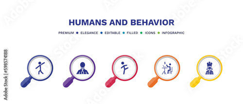set of humans and behavior filled icons. humans and behavior filled icons with infographic template. flat icons such as showin, businessman with tie, smortsmen, online business, woman cooking