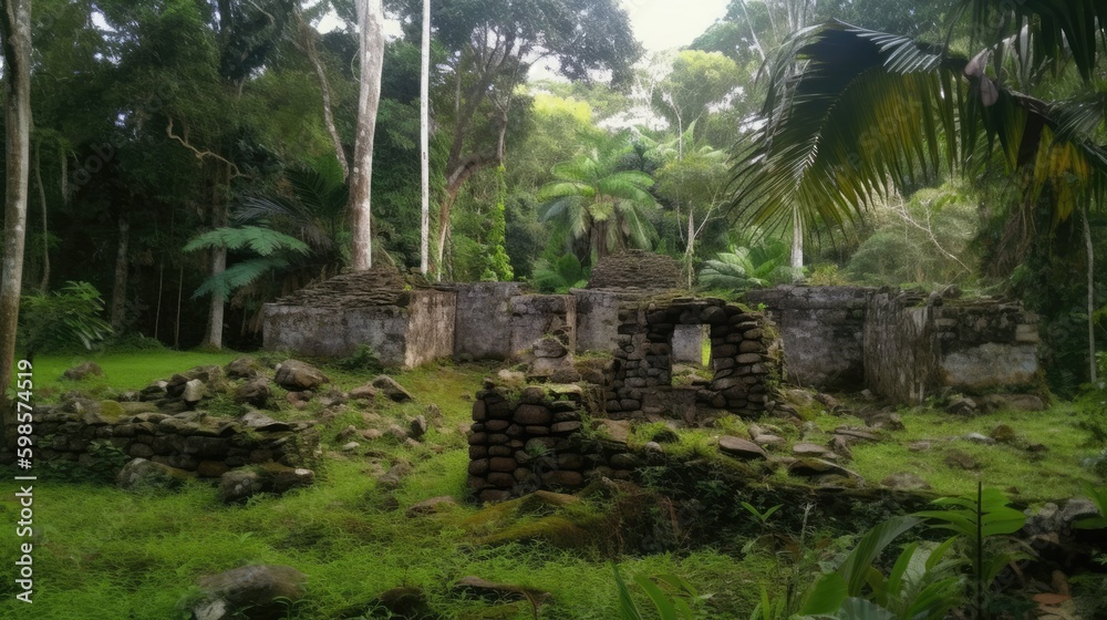 Ancient ruins in a tropical jungle. Generative ai composite. Ancient ruins in a tropical jungle. Generative ai composite.