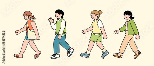 An illustration shows characters of people walking down the street. Young People are depicted in a side view, walking while isolated on a white background.