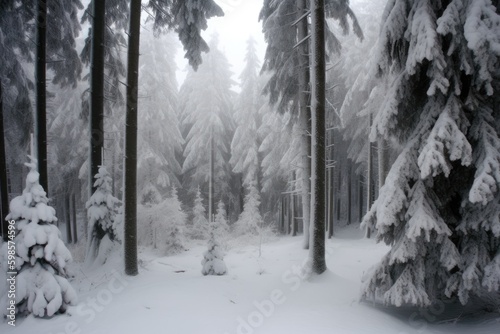 winter wonderland with snow-covered trees in a forest. Generative AI Generative AI