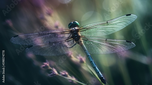  An ethereal close - up of a dragonfly, with shimmering wings and delicate features. generative ai © 3D Station