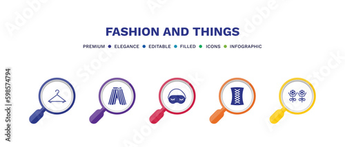 set of fashion and things filled icons. fashion and things filled icons with infographic template. flat icons such as clothing hanger, hakama, sleeping mask, cord lace, stud vector.