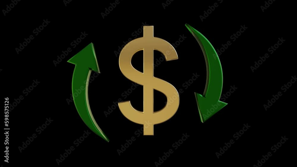 Dollar symbol and rotating green arrows, on black background. Currency value, exchange and economy concept. Dollar symbol and rotating green arrows, on black background. Currency value, exchange and economy concept.