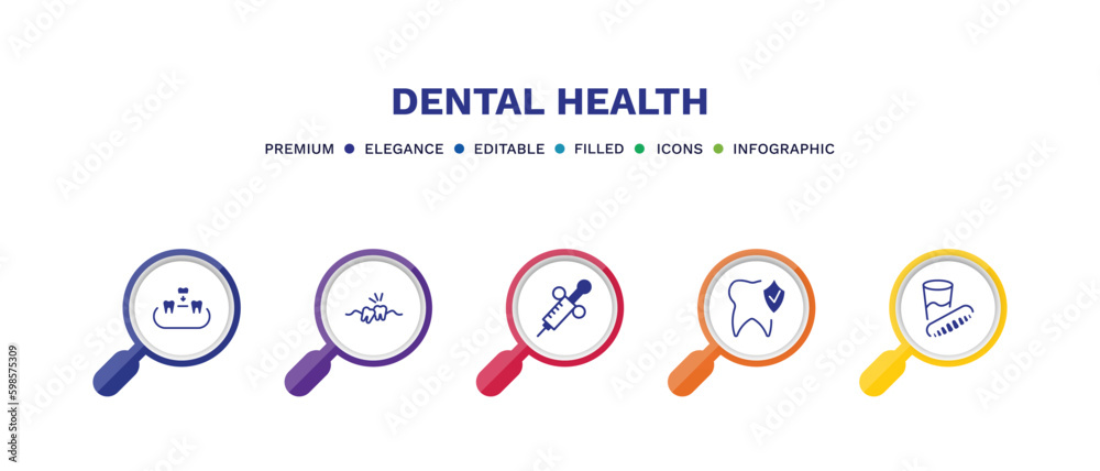 set of dental health filled icons. dental health filled icons with infographic template. flat icons such as overdenture, wisdom tooth, dental needle, prophylaxis, denture vector.