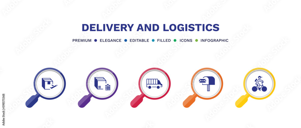 set of delivery and logistics filled icons. delivery and logistics filled icons with infographic template. flat icons such as delivery by plane, list, cargo bus, postbox, by bike vector. set of delivery and logistics filled icons. delivery and logistics filled icons with infographic template. flat icons such as delivery by plane, list, cargo bus, postbox, by bike vector.
