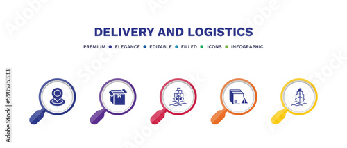set of delivery and logistics filled icons. delivery and logistics filled icons with infographic template. flat icons such as tracking, delivery box, logistic ship, warning, ship by sea vector.