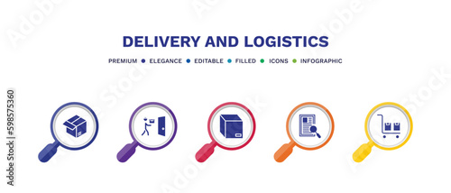 set of delivery and logistics filled icons. delivery and logistics filled icons with infographic template. flat icons such as parcel, delivery door, box, waybill, package on trolley vector.