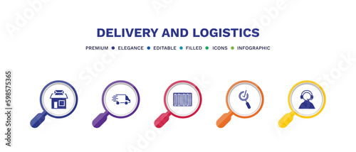set of delivery and logistics filled icons. delivery and logistics filled icons with infographic template. flat icons such as post office, delivery, bar code, inspection, support vector.