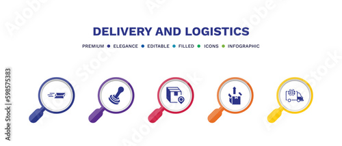 set of delivery and logistics filled icons. delivery and logistics filled icons with infographic template. flat icons such as express mail, stamp, delivery destination, unpacking, logistic vector.