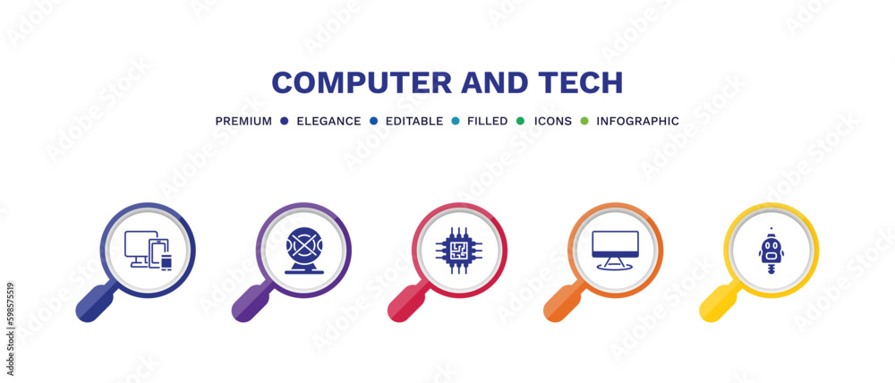 set of computer and tech filled icons. computer and tech filled icons with infographic template. flat icons such as responsive de, webcam disconnected, computer chip, computers, robotics vector.