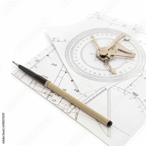  Architect's compass and drafting paper isolated on a white background, generative ai © 3D Station