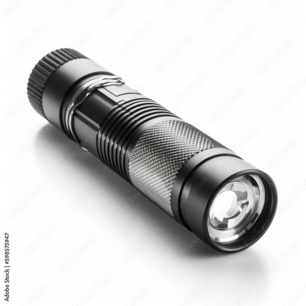 Bright LED flashlight isolated on a white background, generative ai Bright LED flashlight isolated on a white background, generative ai