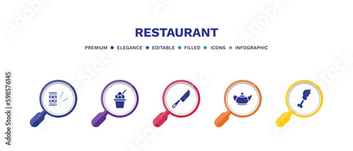 set of restaurant filled icons. restaurant filled icons with infographic template. flat icons such as sushi mix, ice cream cup, big knife, vintage teapot, chicken thigh vector.
